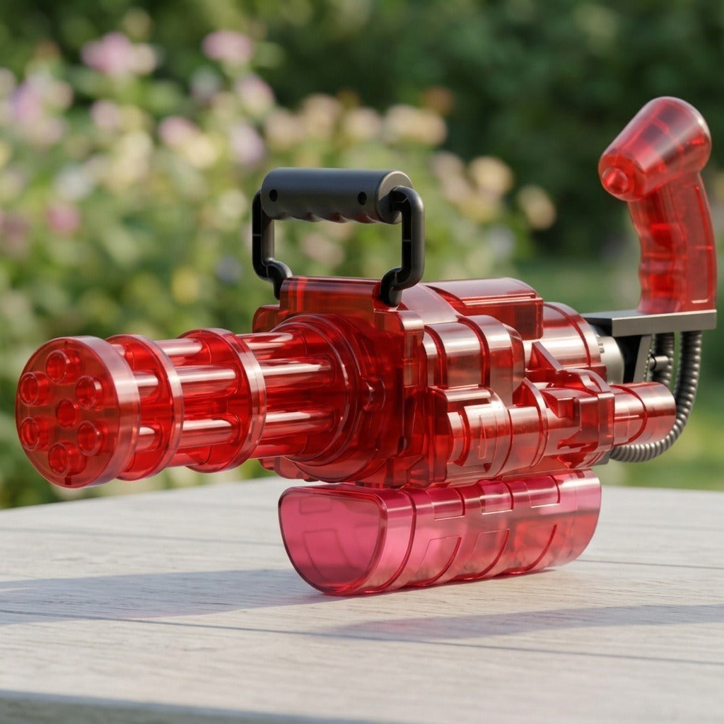 A transparent red electric water gun with a black carry handle sits on a white wooden table in a flowering garden.