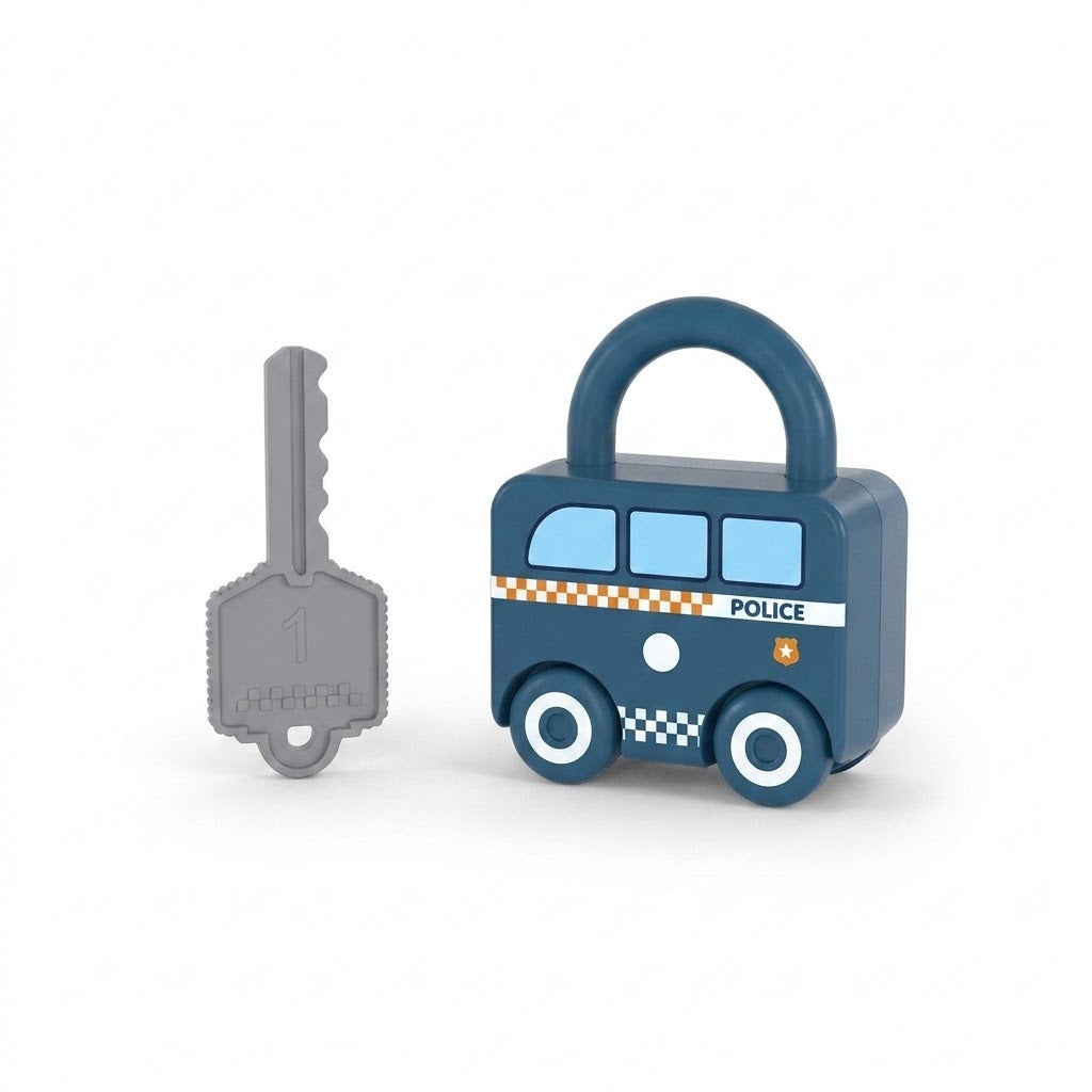 A dark blue police van-shaped lock puzzle stands with its shackle closed beside a separate gray key against a white background.
