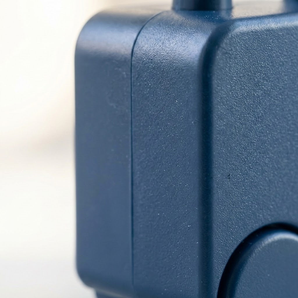 A close-up shows the dark blue lock puzzle's textured casing, rounded corner, seam, and partial wheel against a pale background.