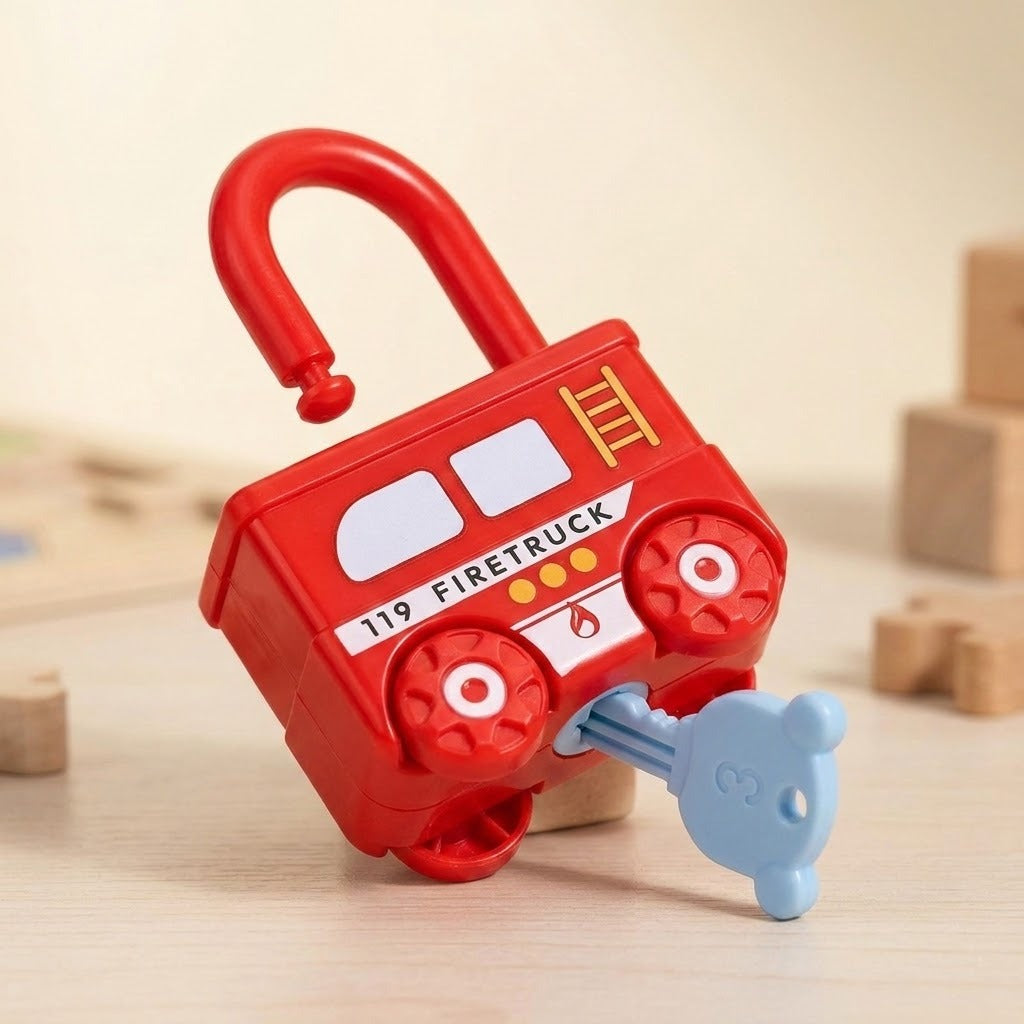 A red fire truck lock puzzle with an open shackle and inserted blue bear-shaped key rests on a wooden surface near blocks.