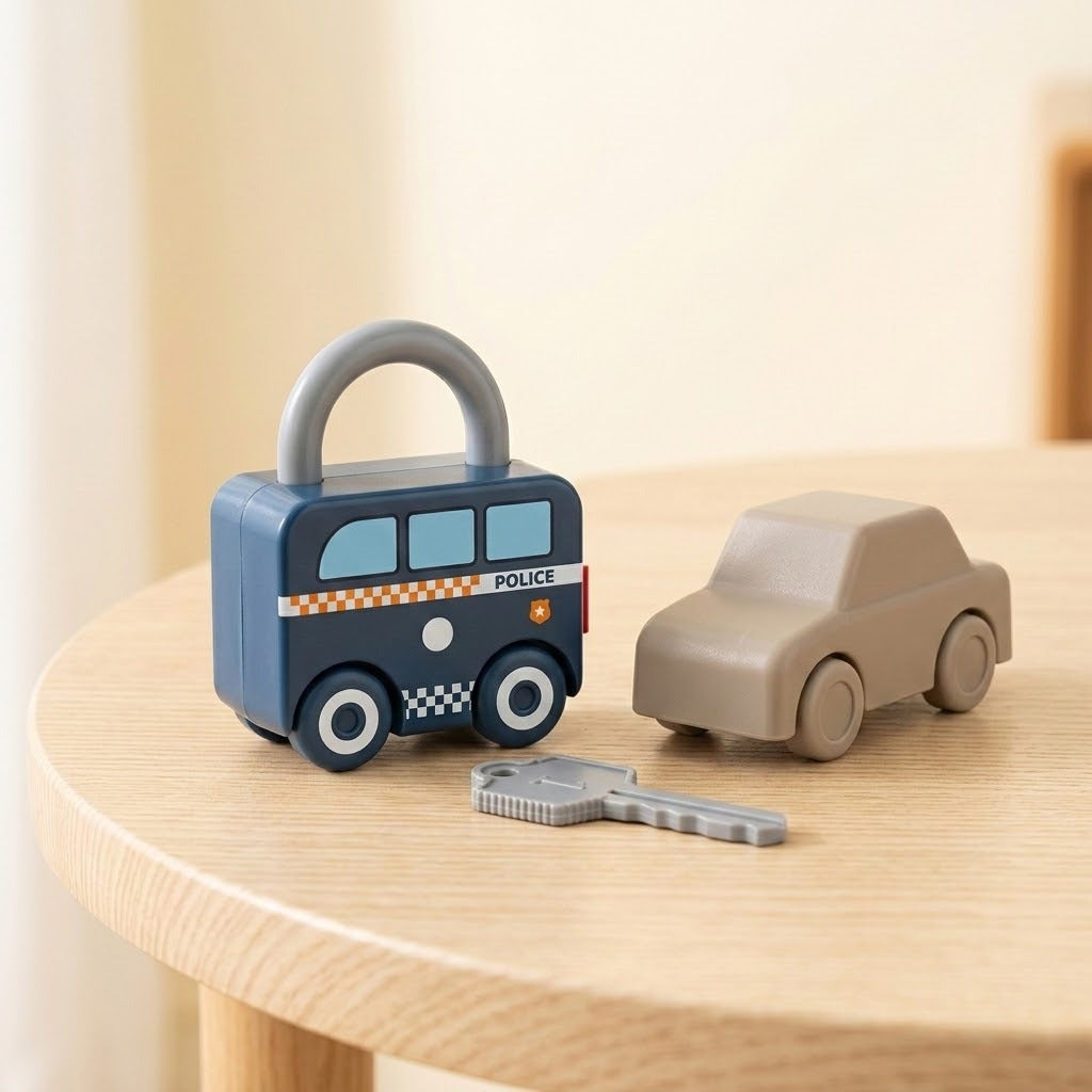 A dark blue police vehicle lock puzzle with a gray shackle and separate gray key sits beside a beige toy car on a wooden table.
