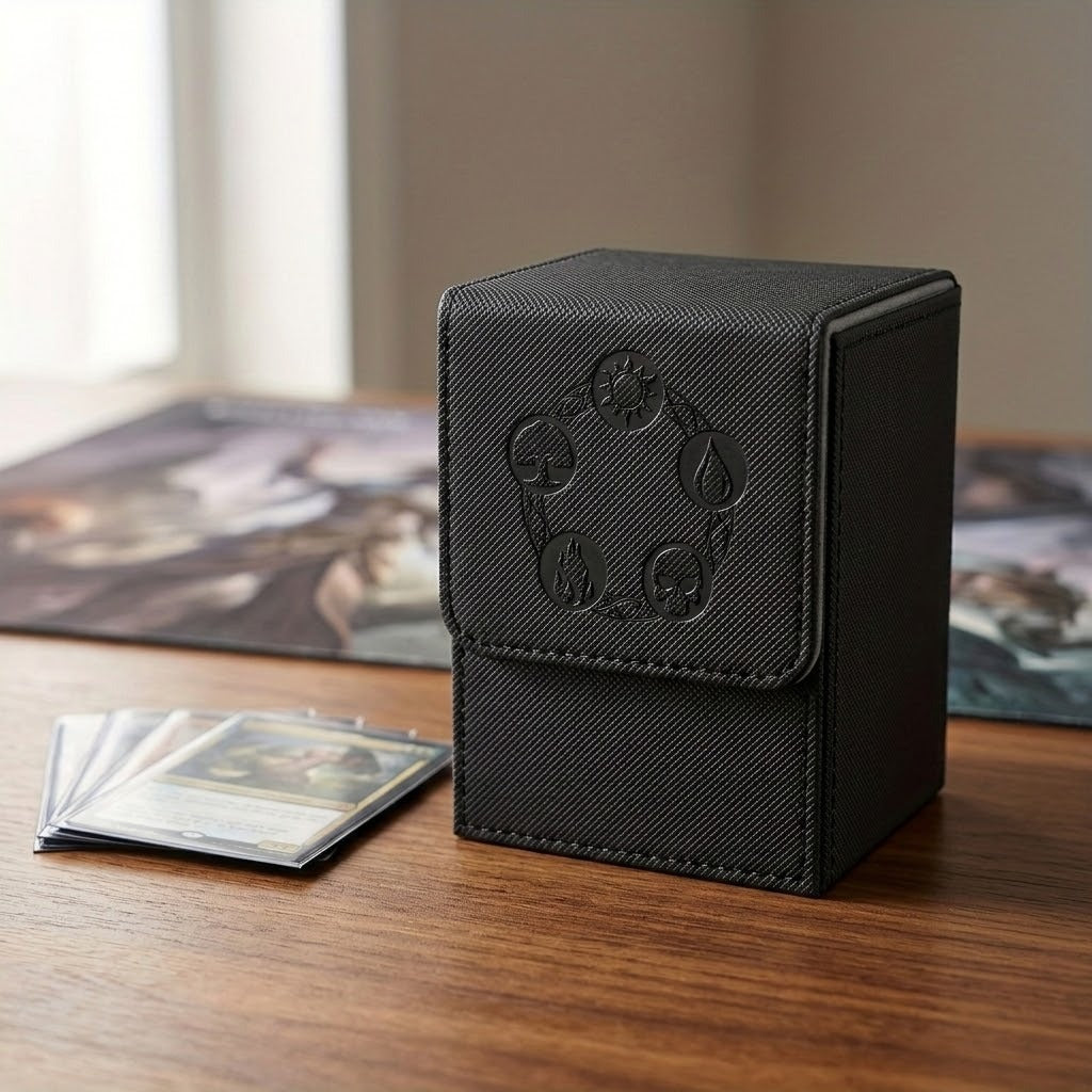 Closed black textured PU leather deck box with embossed symbols stands beside sleeved cards on a wooden table near a window.