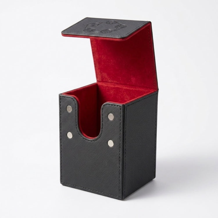 Open black PU leather deck box displays red velvet lining and four silver magnetic contacts against a white background.