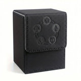 Closed black textured PU leather deck box with embossed symbols and stitched edges stands against a white background.