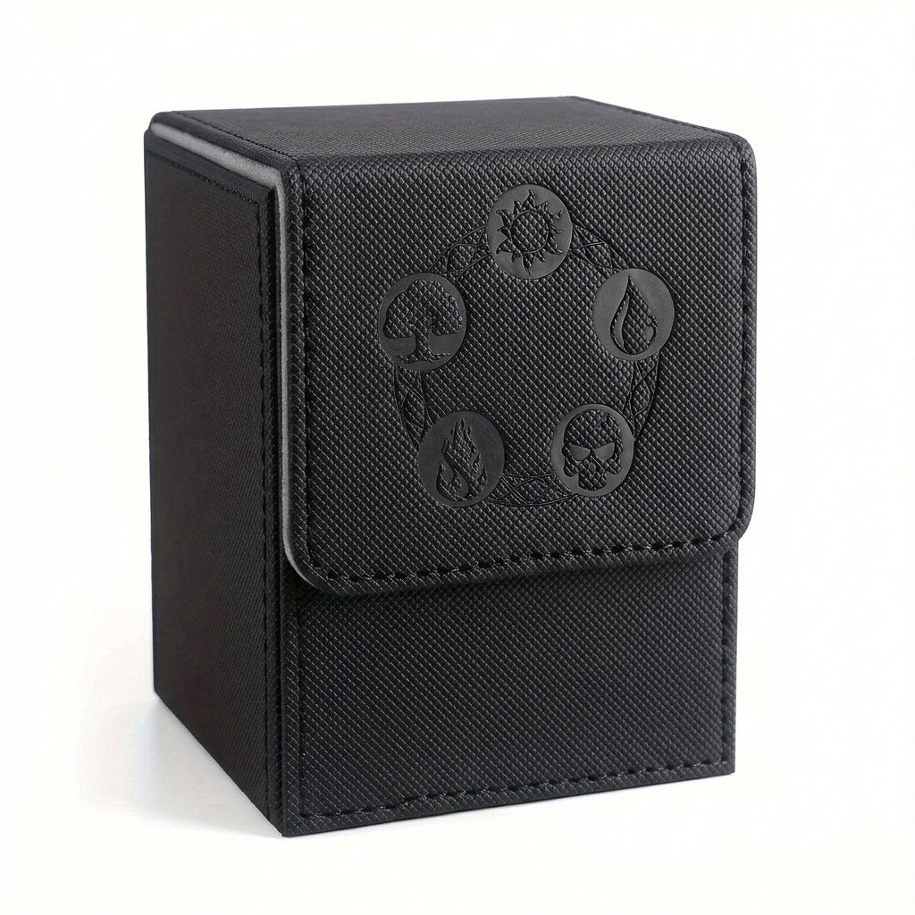 Closed black textured PU leather deck box with embossed symbols and stitched edges stands against a white background.