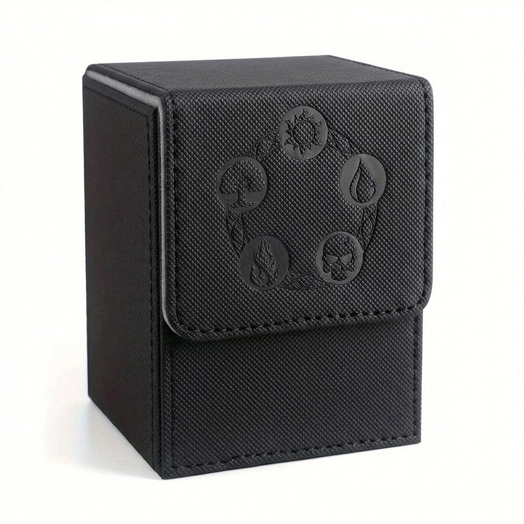 Closed black textured PU leather deck box with embossed symbols and stitched edges stands against a white background.