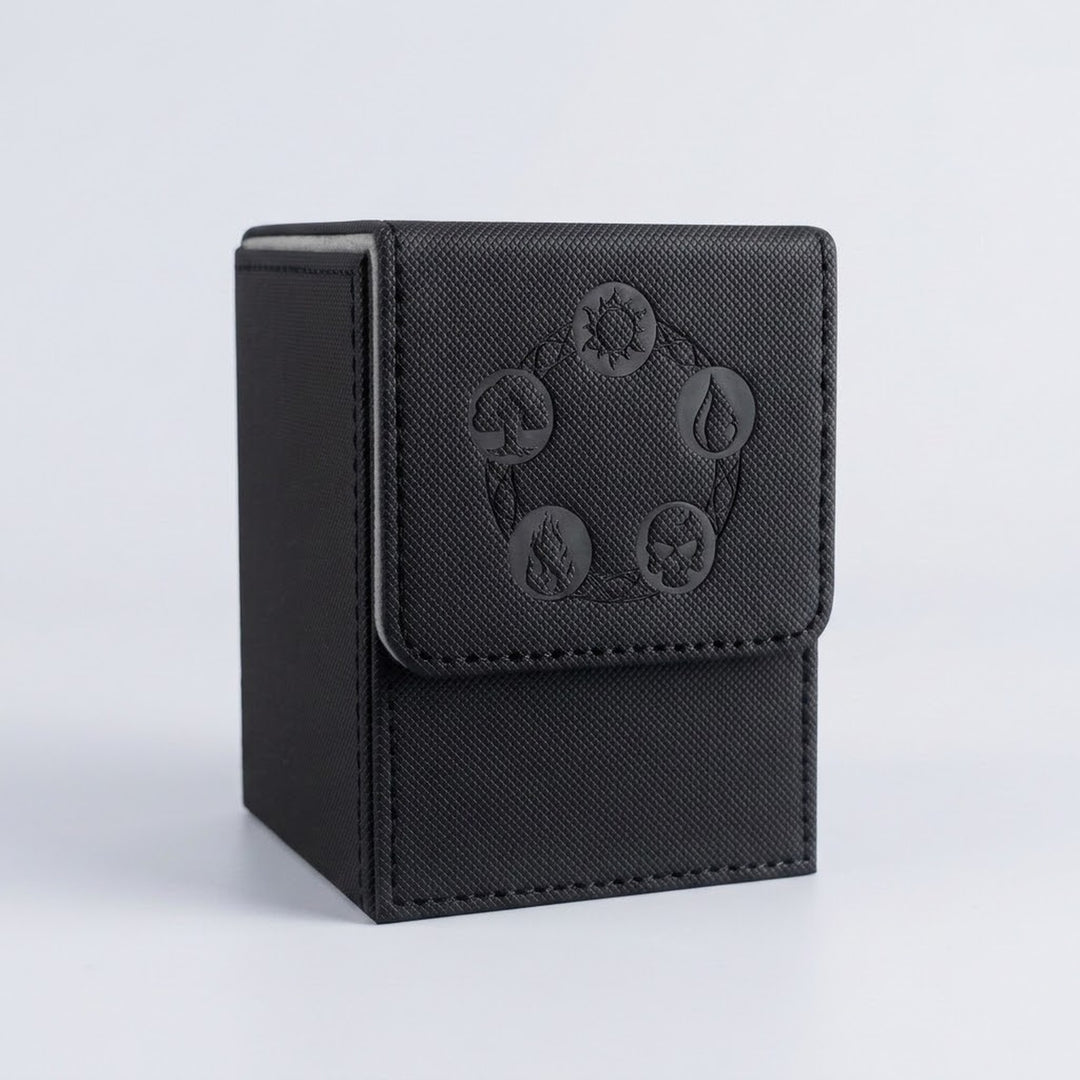 Black textured PU leather deck box with five embossed symbols on its front flap, standing against a light gray background.