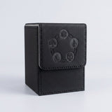 Black textured PU leather deck box with five embossed symbols on its front flap, standing against a light gray background.