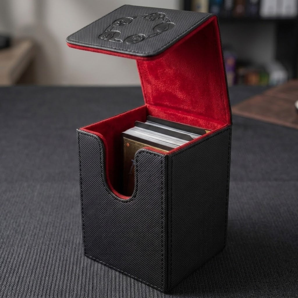 Open black textured deck box holds sleeved trading cards, showing red velvet lining on a dark tabletop with blurred shelving behind.