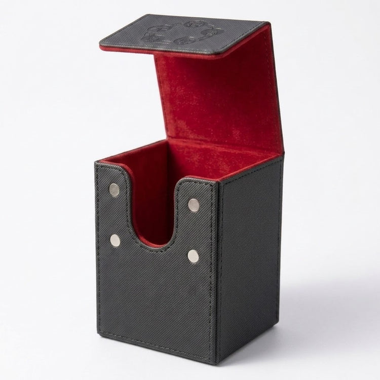 Empty black PU leather deck box stands open with red velvet lining and four silver magnetic contacts against a white background.