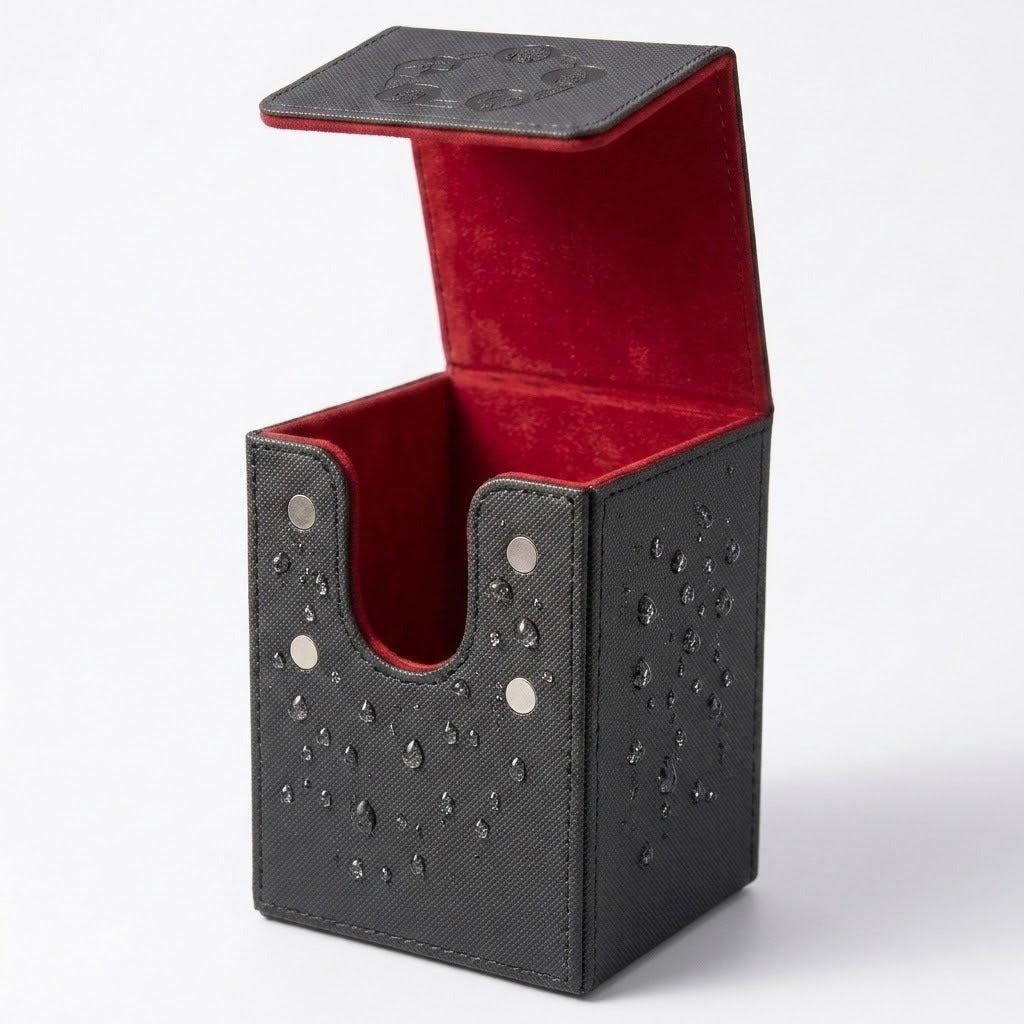 Open black deck box displays exterior water droplets, four silver magnetic contacts, and red velvet lining against a white background.