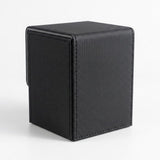 Black textured PU leather deck box with stitched edges, viewed from the back and side against a white background.