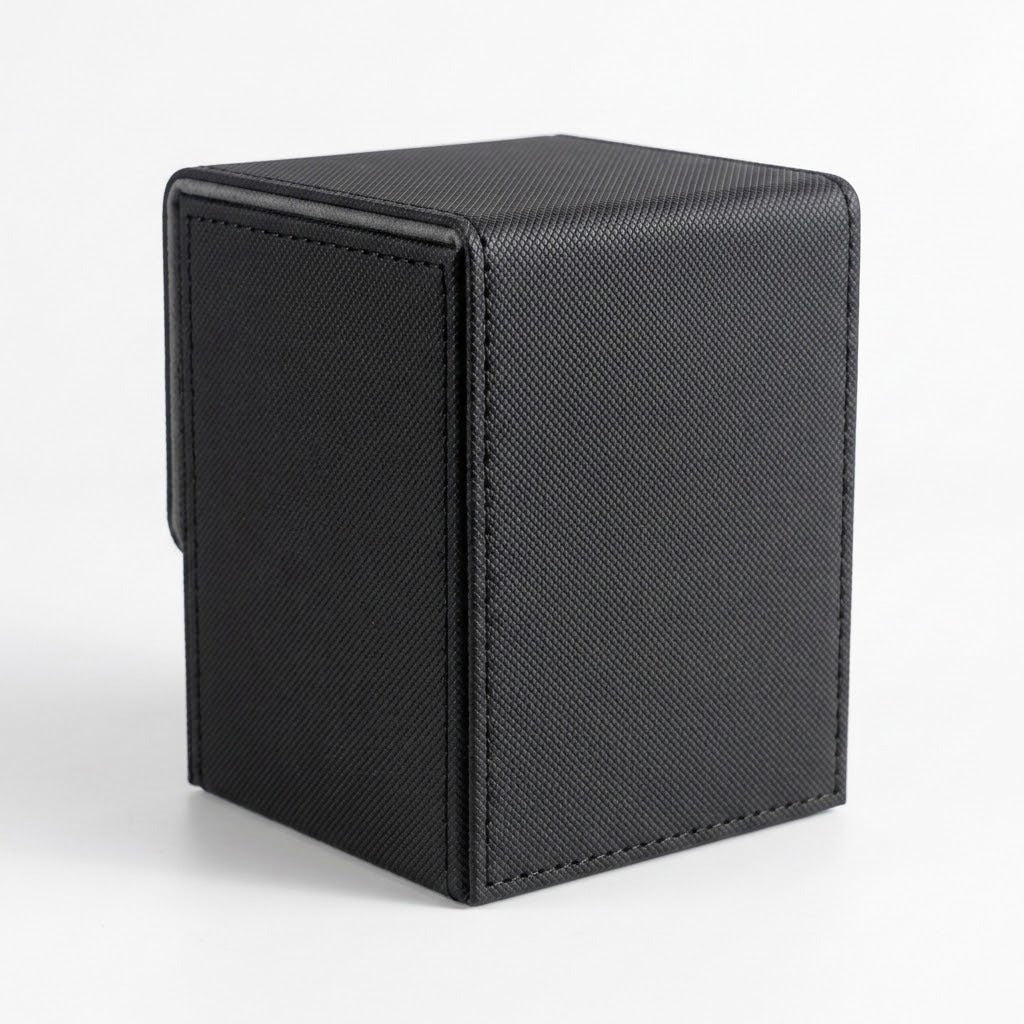 Black textured PU leather deck box with stitched edges, viewed from the back and side against a white background.