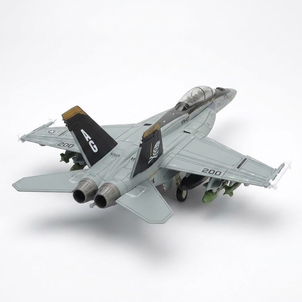 Assembled gray plastic aircraft model kit viewed from above and behind, showing twin exhausts and numbered wings against white.