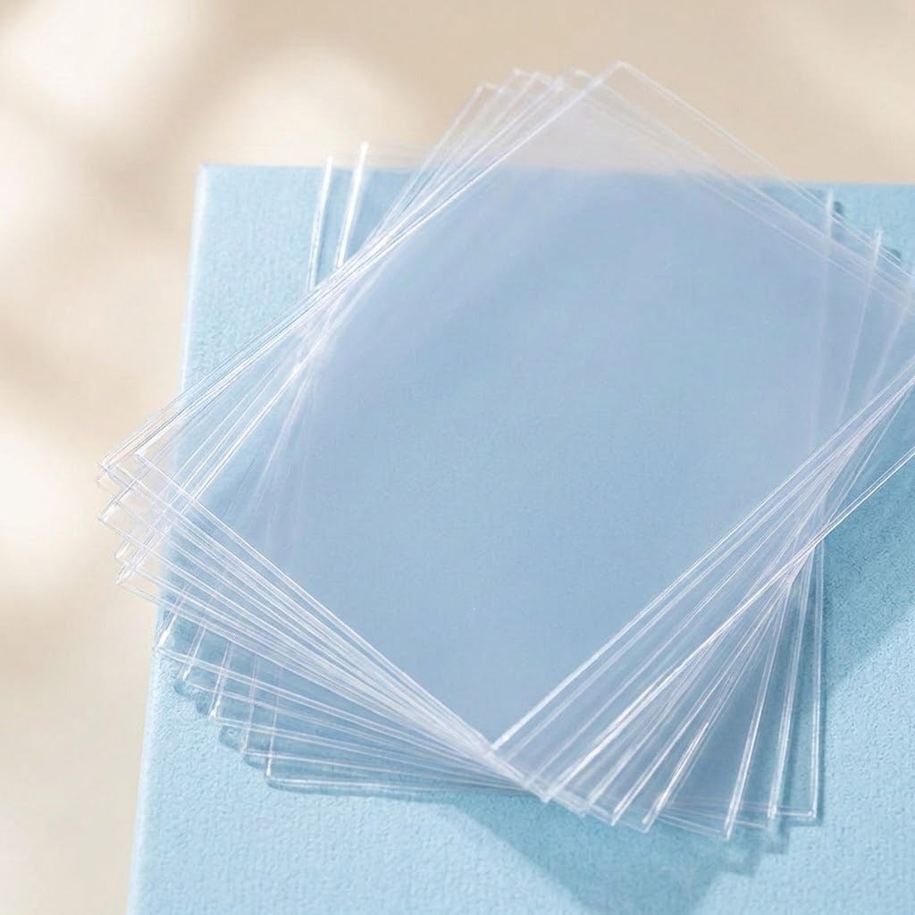 Clear PVC card sleeves overlap in a loose fan on a light blue textured surface against a beige background.
