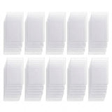Ten offset stacks of empty clear card sleeves arranged in two rows of five on a white background.