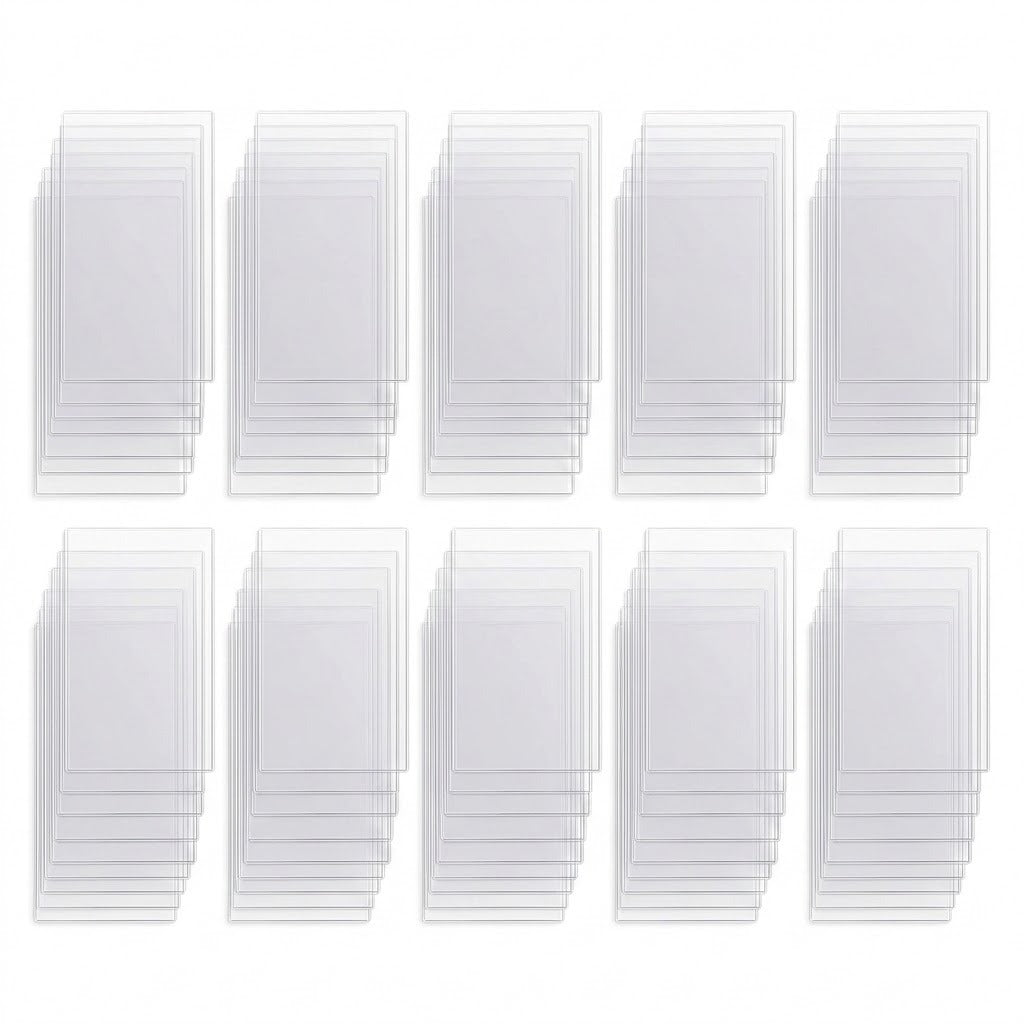 Ten offset stacks of empty clear card sleeves arranged in two rows of five on a white background.