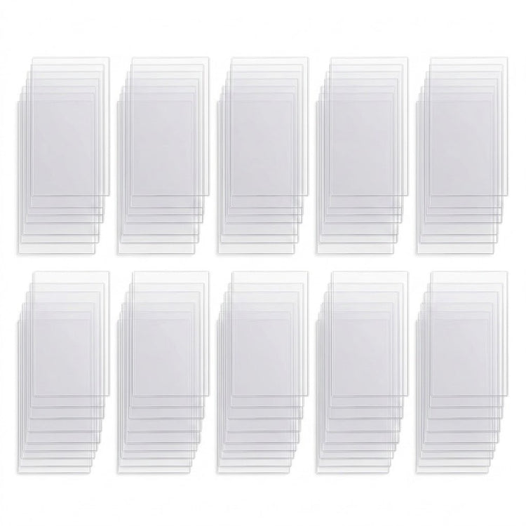 Ten offset stacks of empty clear card sleeves arranged in two rows of five on a white background.