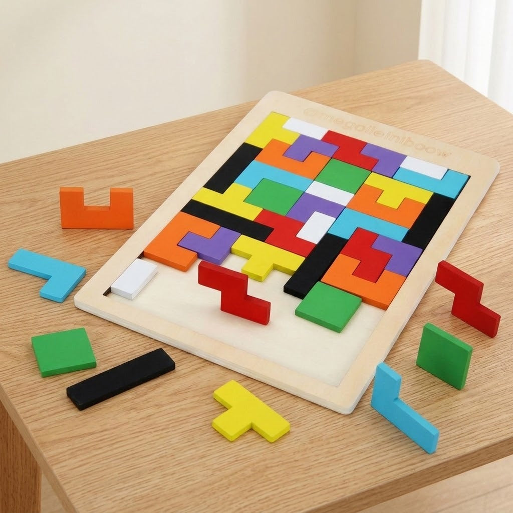 A partially completed wooden tangram puzzle with brightly colored blocks and scattered loose pieces rests on a wooden table.