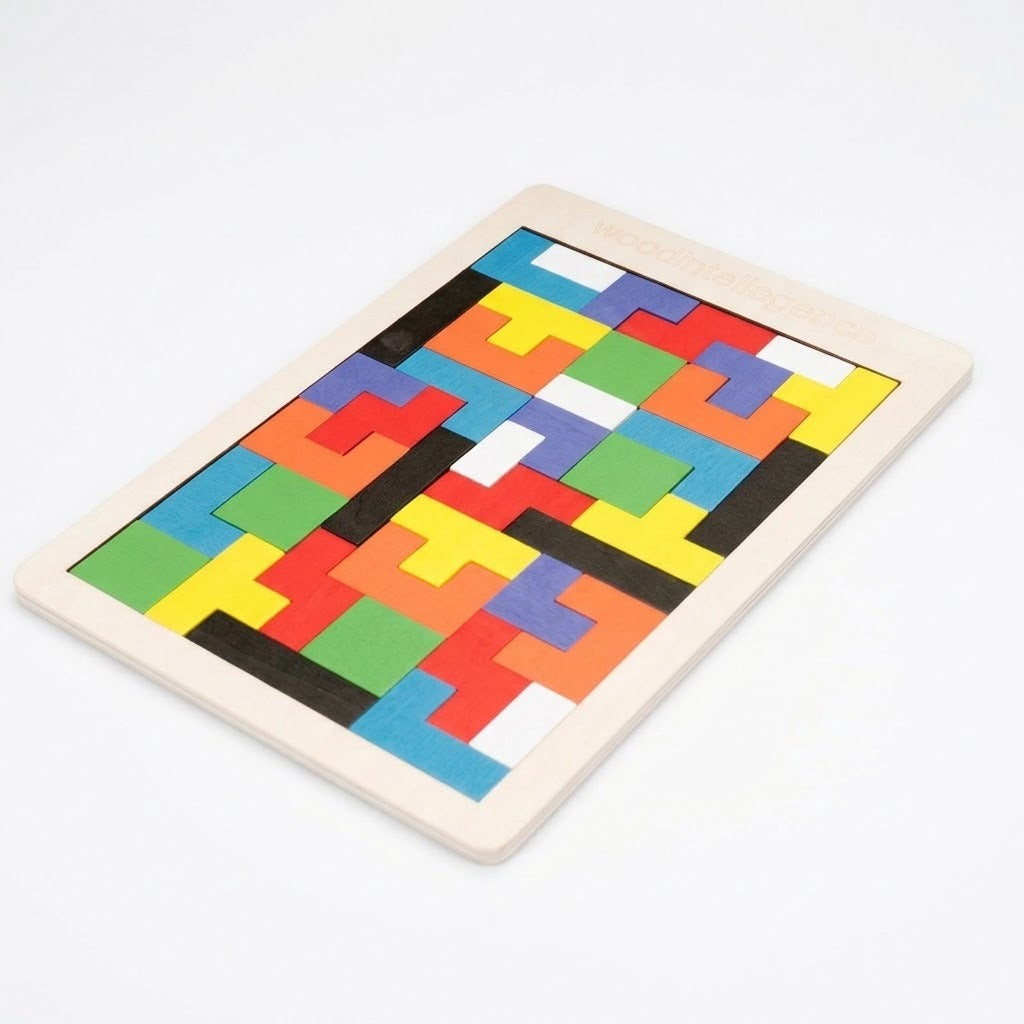 A wooden tangram puzzle with colorful interlocking geometric pieces fills a pale rectangular frame against a white background.