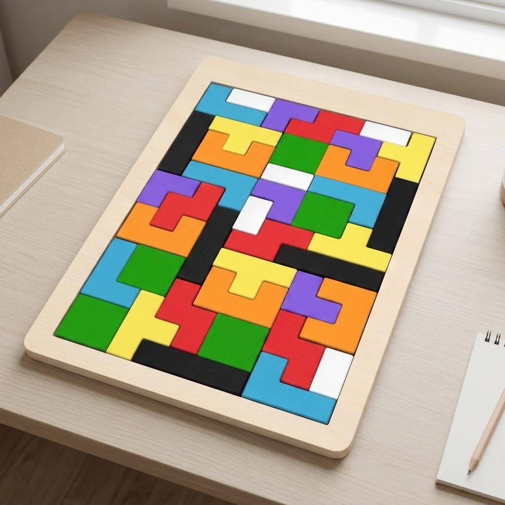 A colorful wooden tangram puzzle rests on a pale desk beside a window, with a notebook and pencil nearby.