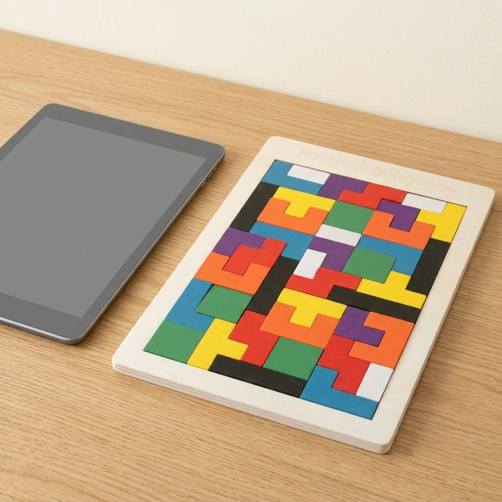 Completed wooden tangram puzzle with colorful geometric pieces rests beside a tablet on a light wood tabletop.