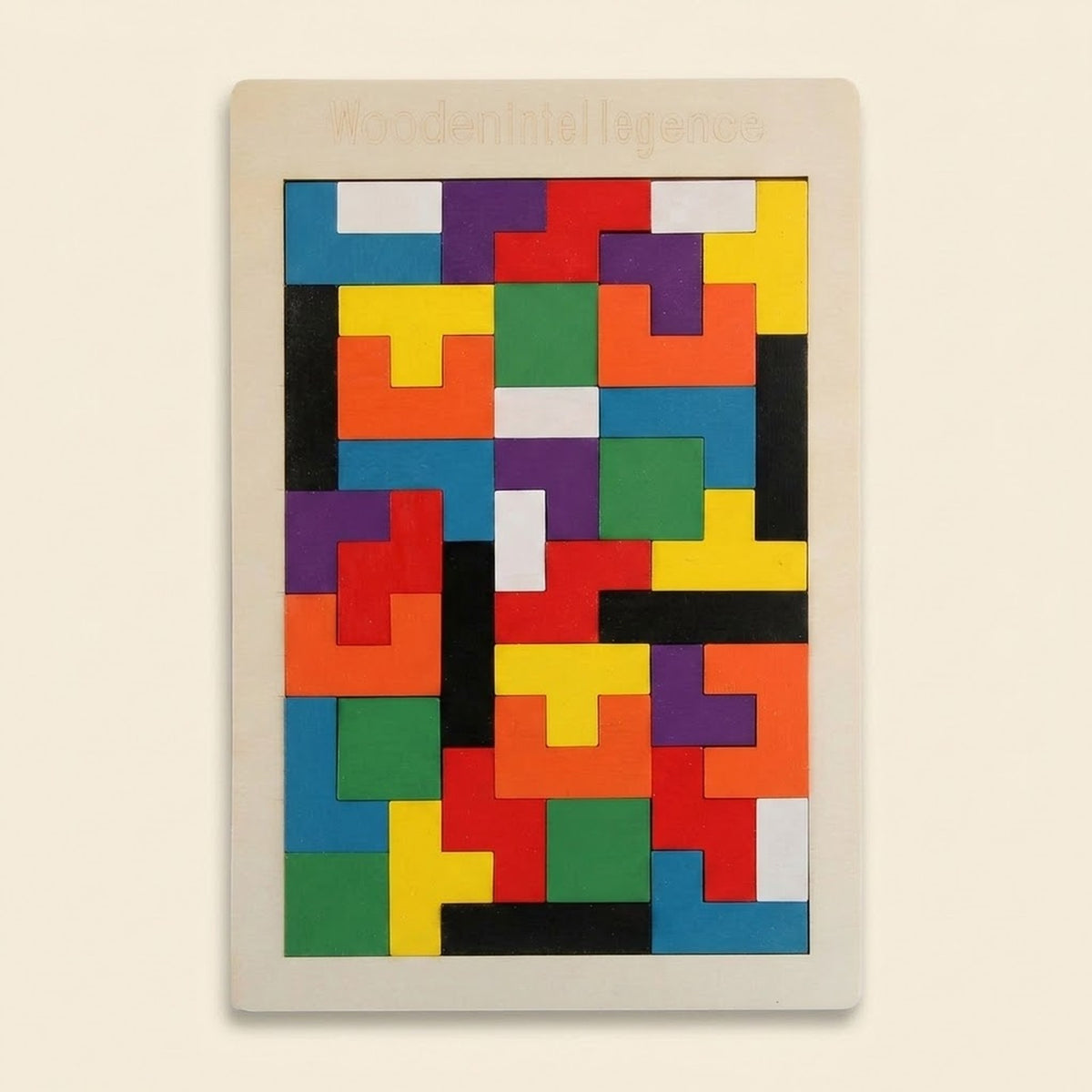 Wooden tangram puzzle viewed from above, with colorful geometric pieces filling a rectangular wooden frame against a light beige background.