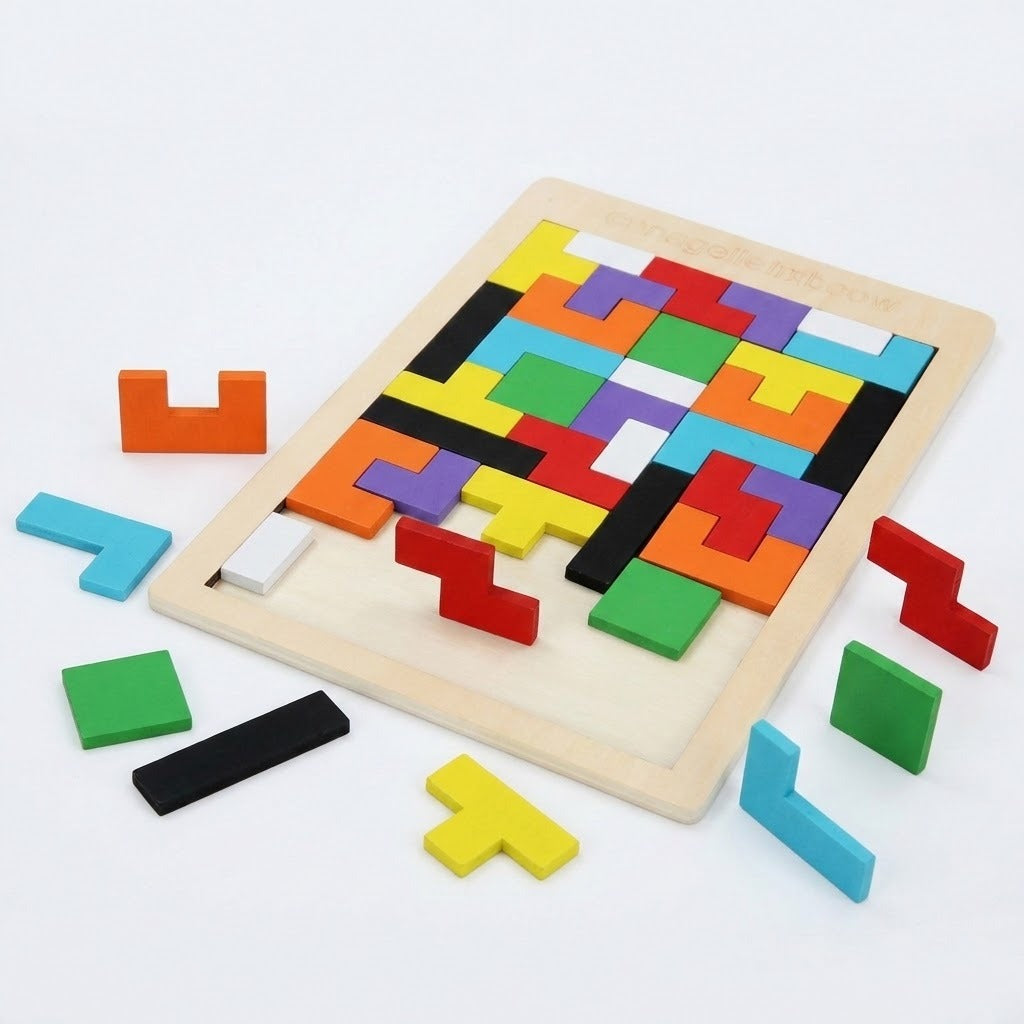 Wooden tangram puzzle angled on a white background, with colorful geometric pieces standing upright and lying around the partially filled board.