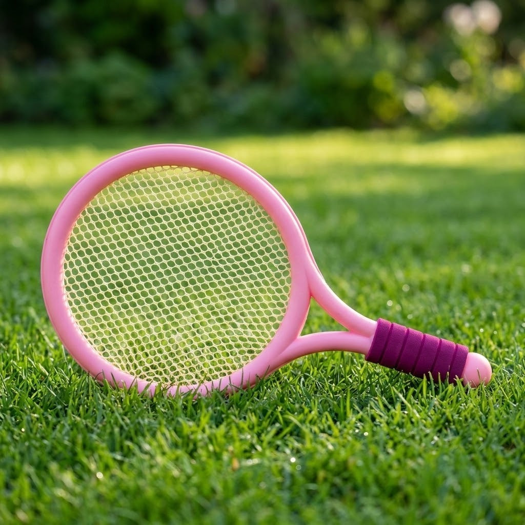 A pink plastic racket from the toy racket set rests on grass, with pale mesh and a purple grip against a blurred garden.