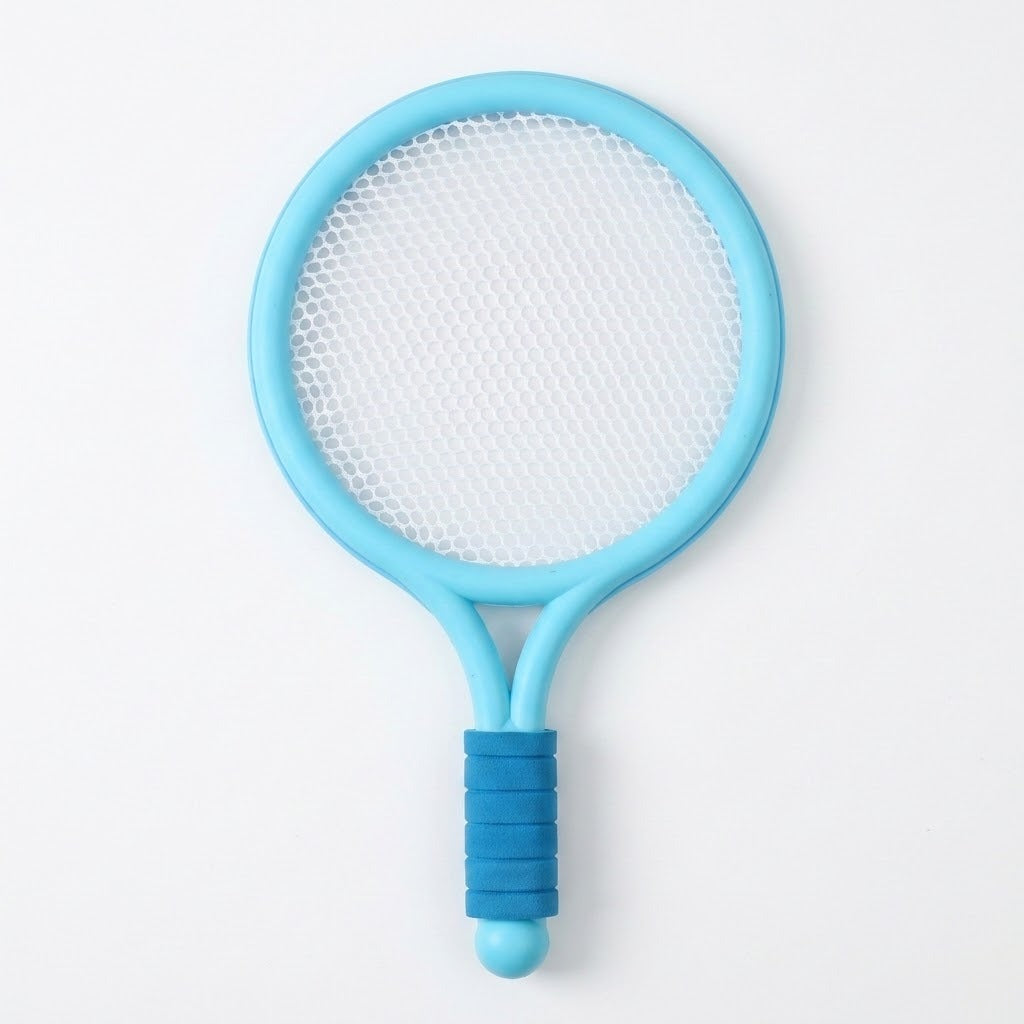 A light blue plastic racket from the toy racket set has white mesh and a dark blue grip against a white background.