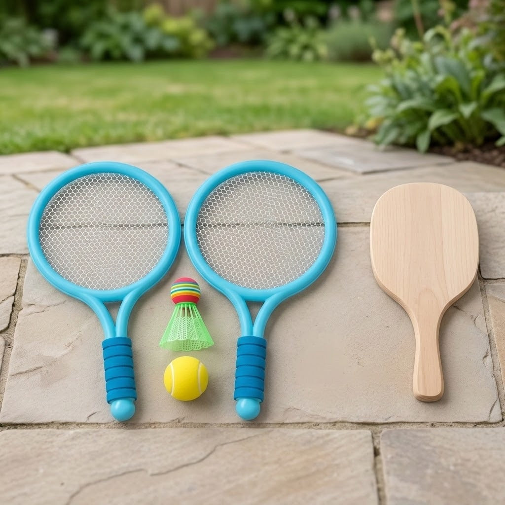 The blue toy racket set lies on a stone patio beside a green shuttlecock, yellow ball, and wooden paddle, with grass behind.