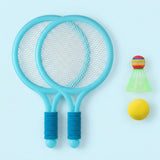 The toy racket set shows two overlapping light blue rackets with dark blue grips, a green shuttlecock, and yellow ball against pale blue.