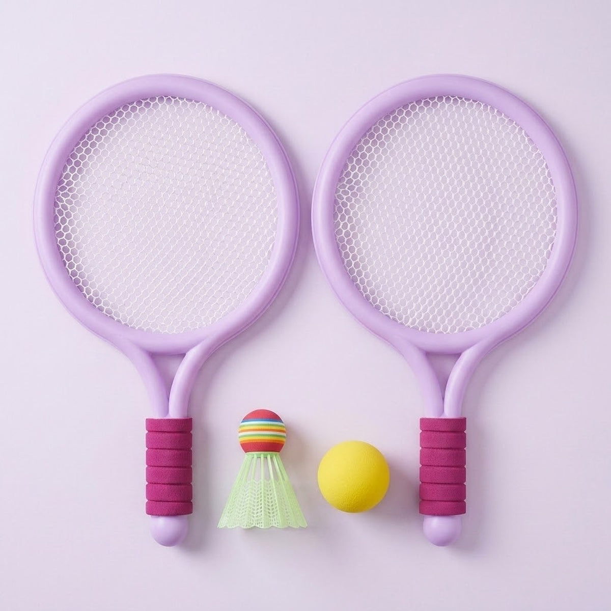 Light purple plastic toy racket set with pink grips, white mesh, a yellow ball and green shuttlecock on a pale lavender background.
