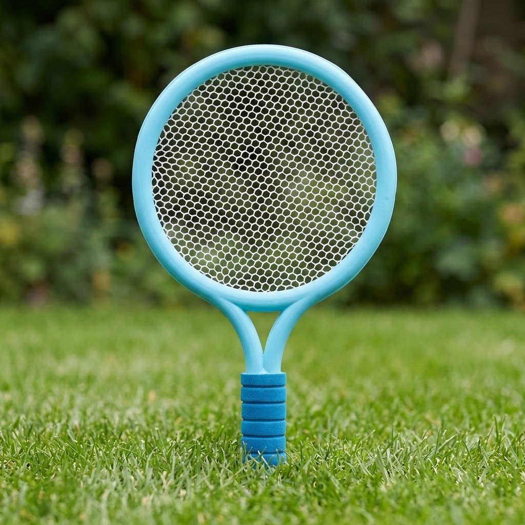 Blue plastic toy racket with white mesh and a ribbed blue grip stands upright in grass against blurred garden greenery.