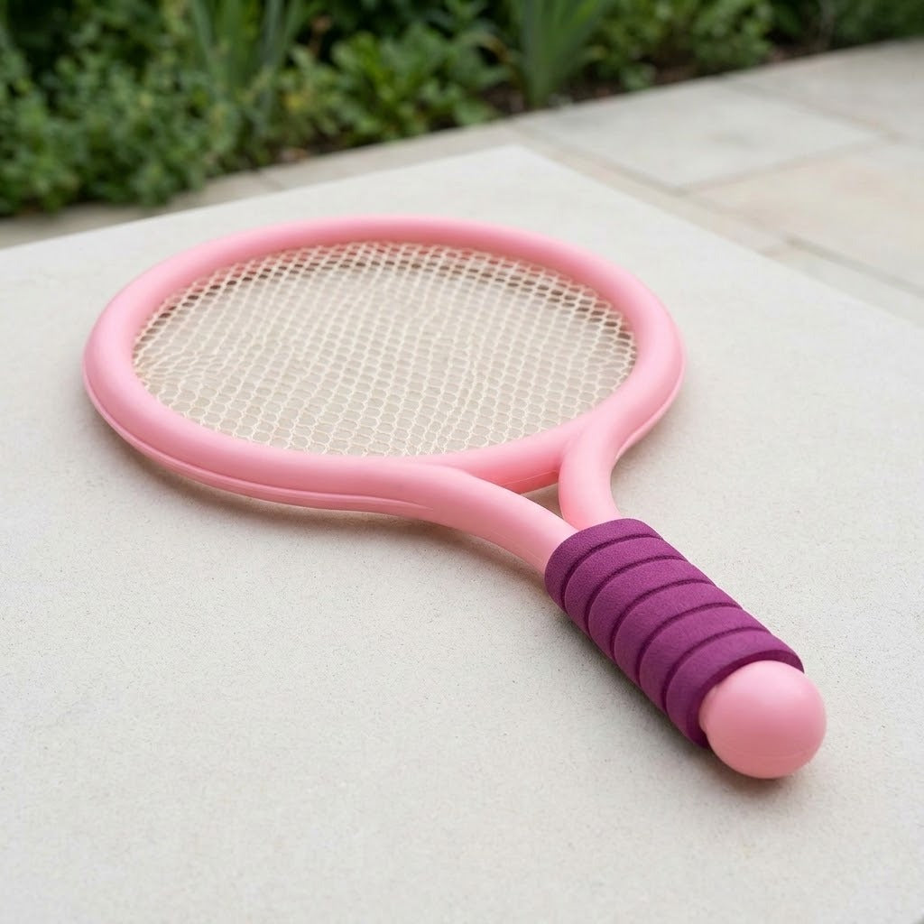 Pink plastic toy racket with white mesh and a purple ribbed grip lies on pale paving beside garden greenery.
