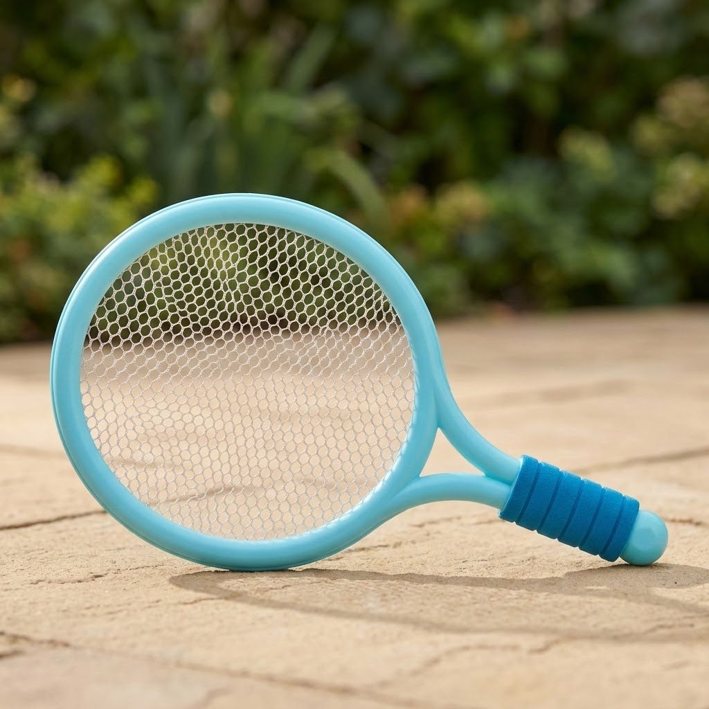 Blue plastic toy racket with white mesh and a ribbed blue grip rests at an angle on sunlit outdoor paving.