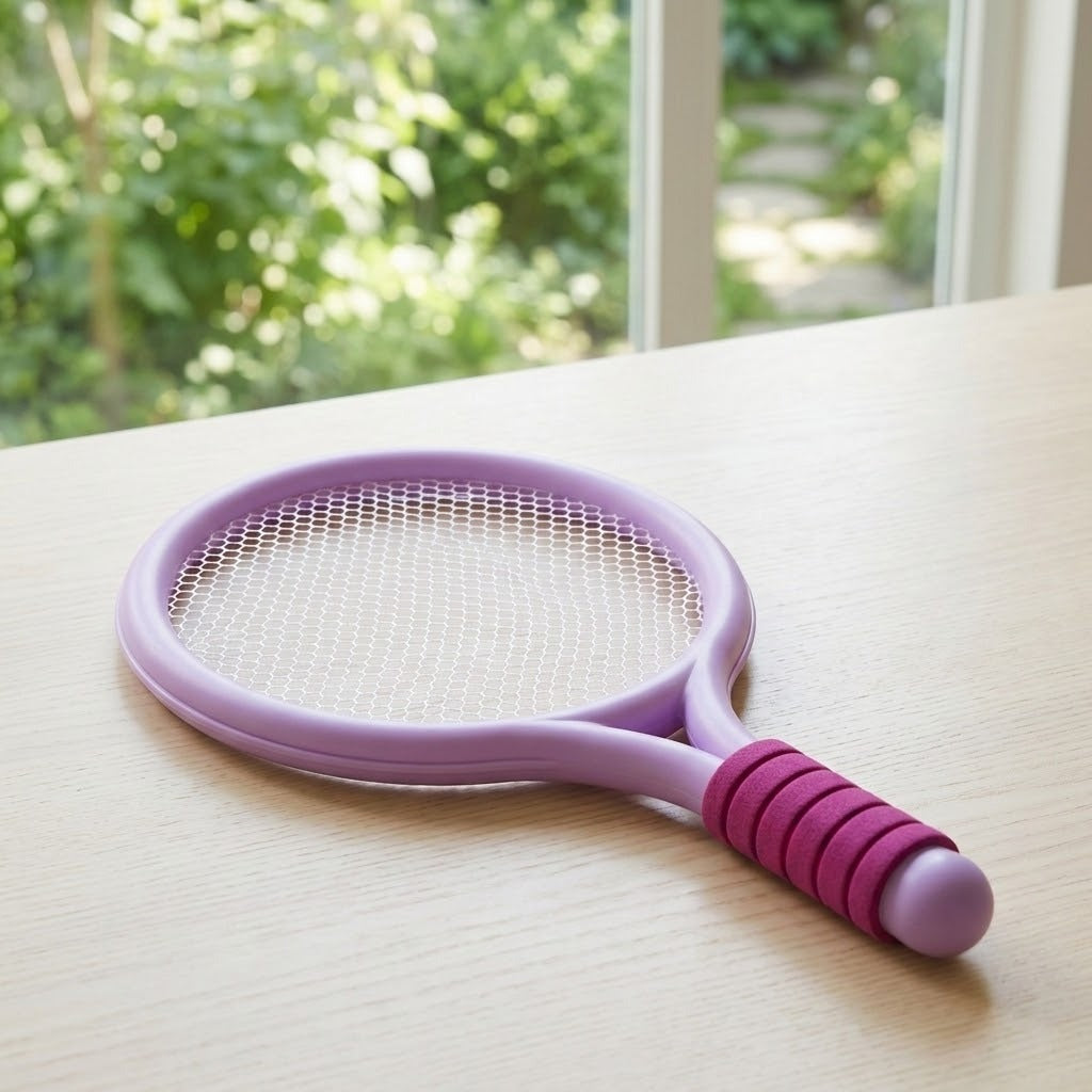 Purple plastic toy racket with white mesh and a magenta ribbed grip lies on a pale wooden table beside a garden-facing window.