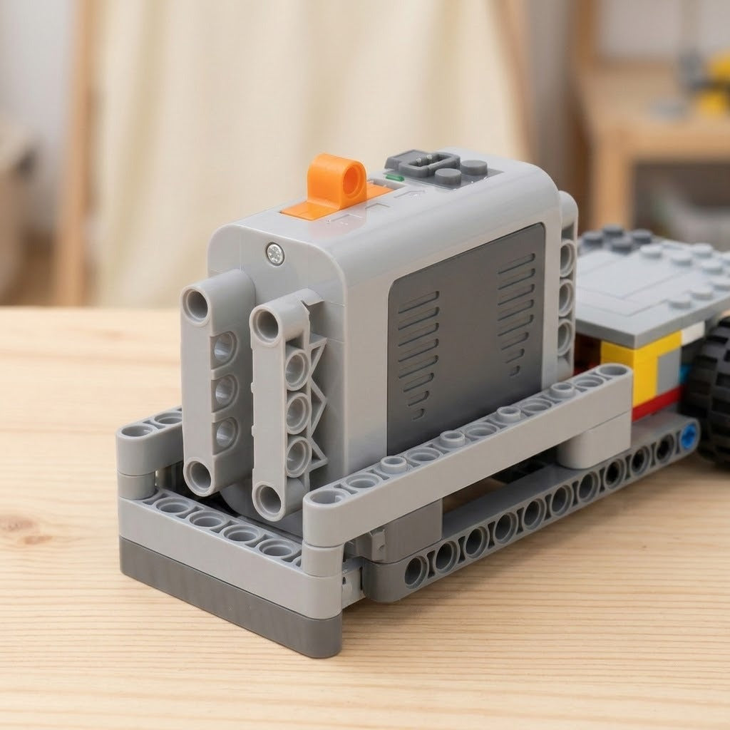 Gray building block accessory battery case with an orange switch sits inside a wheeled block frame on a wooden table.