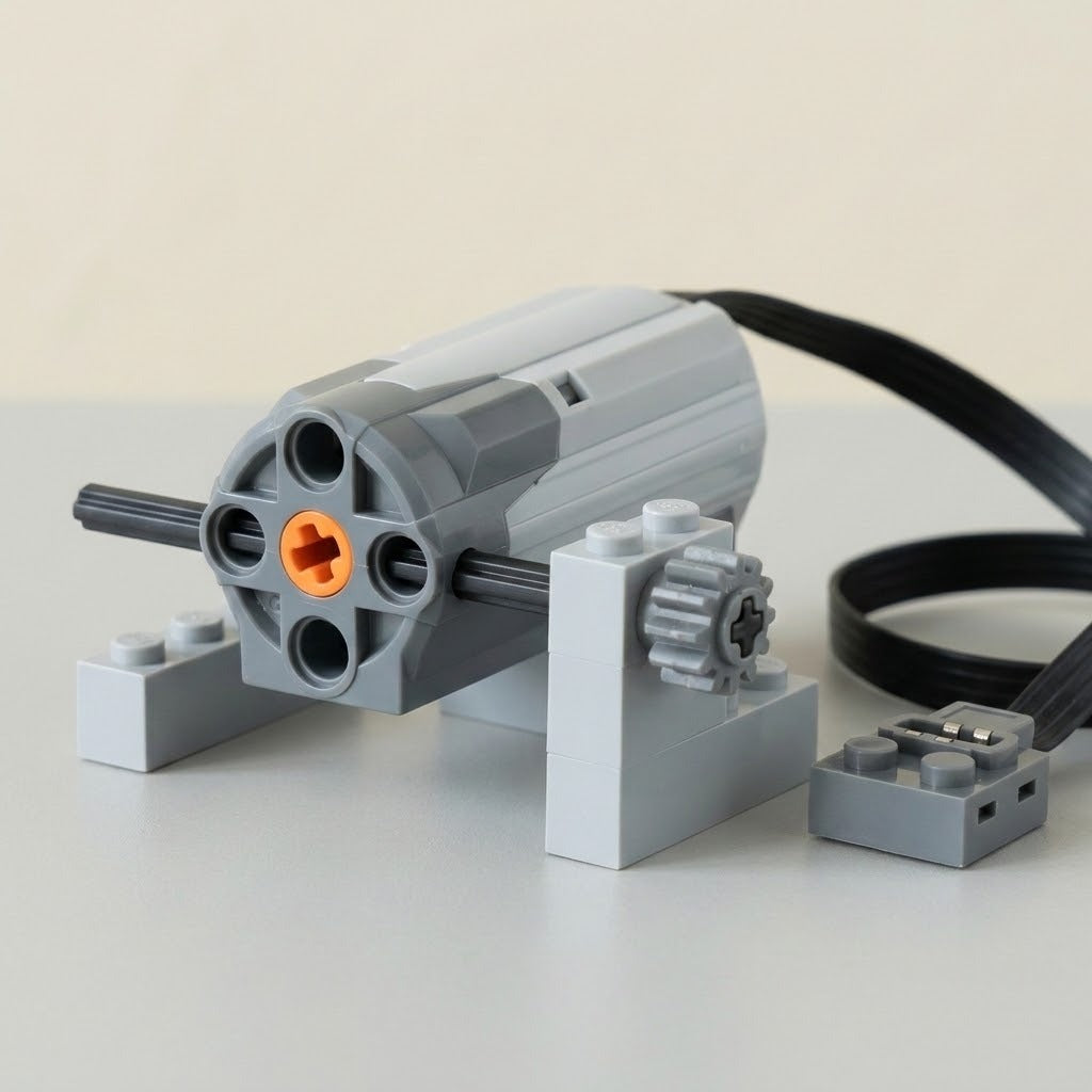 Gray building block accessory motor with an orange axle opening, black cable, and supported gear rests on a light gray surface.