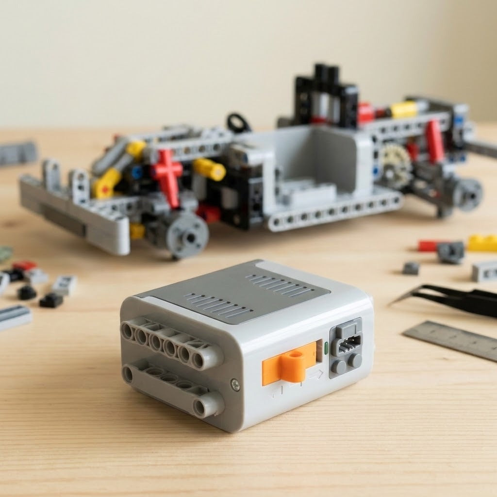 Light grey plastic battery box accessory for building block sets with an orange switch, on a wooden table before a blurred model build.