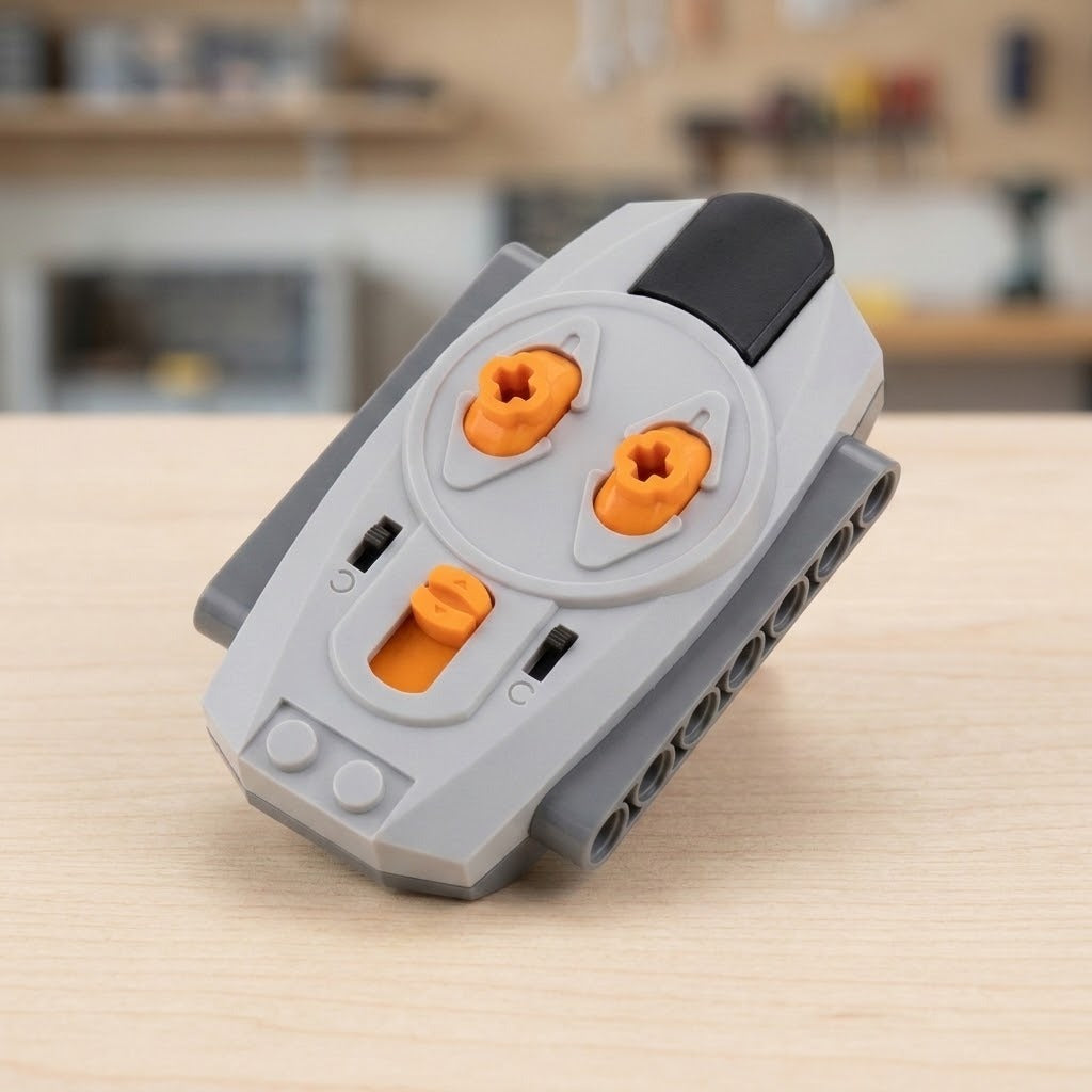 Grey infrared remote with orange controls and a black top rests diagonally on a light wooden tabletop against a blurred workshop background.