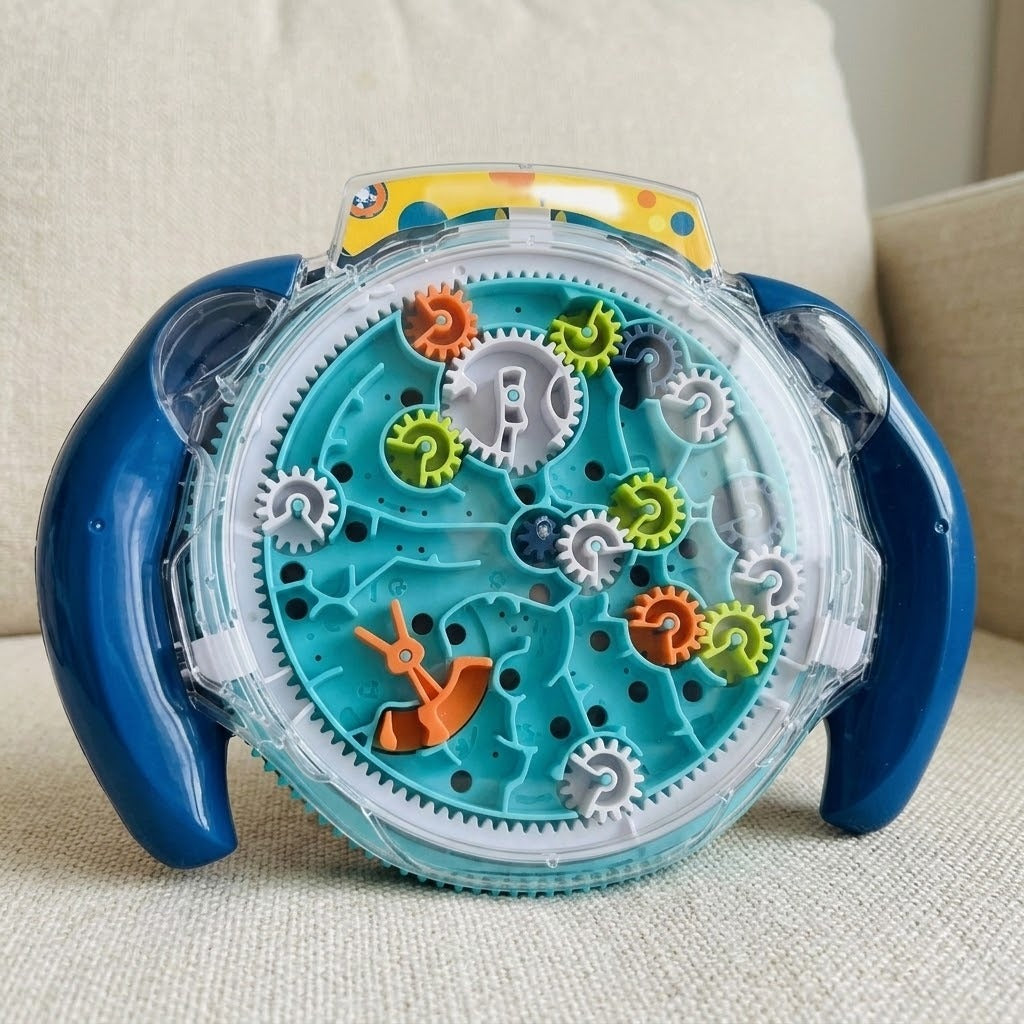 Round maze puzzle with blue handles, turquoise tracks and colorful gears beneath a transparent cover, resting on a cream upholstered seat.