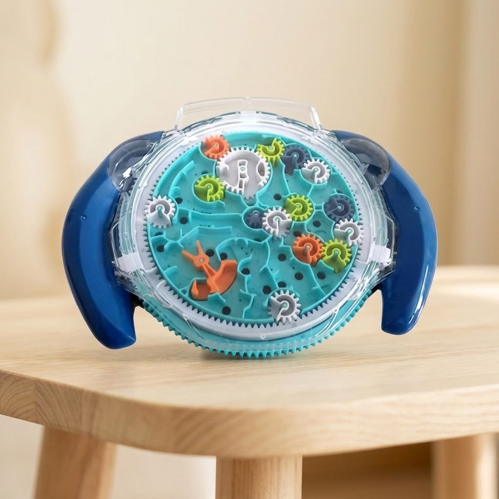 Blue maze puzzle with turquoise tracks and colorful gears stands on a light wooden table against a softly blurred beige background.