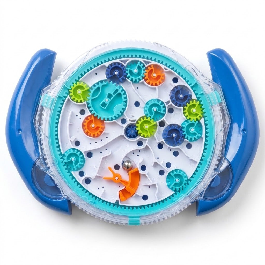 Maze puzzle with blue handles, white tracks, colorful gears and a silver ball beneath a transparent cover against a white background.