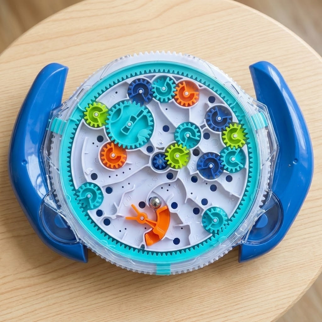 Overhead view of a maze puzzle with blue handles, white tracks, colorful gears and a silver ball on a light wooden table.