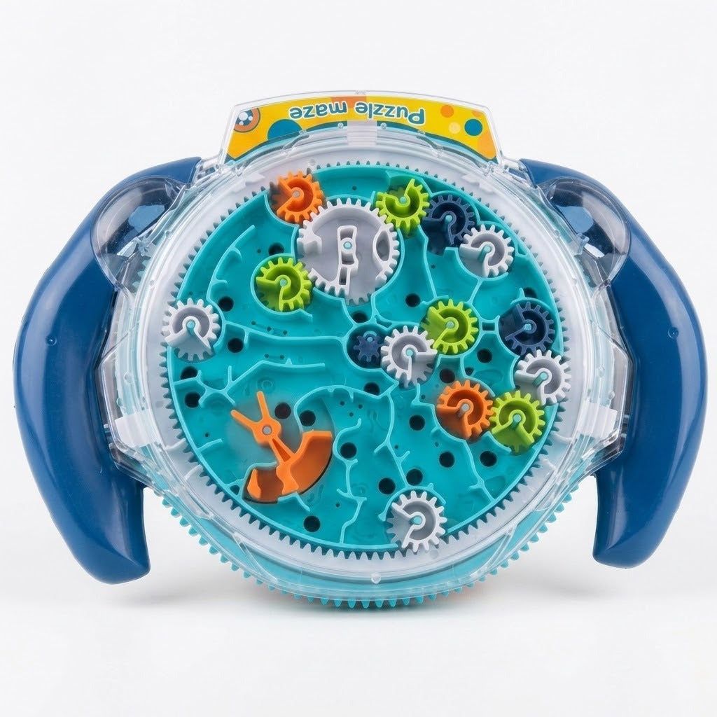 A blue and clear circular toy puzzle game labeled 'Puzzle maze' with colorful interlocking gears and a winding path on a white background.