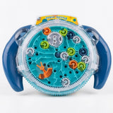 A blue and clear circular toy puzzle game labeled 'Puzzle maze' with colorful interlocking gears and a winding path on a white background.