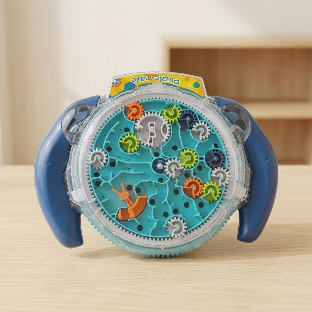 A maze puzzle with blue handles, turquoise tracks and colourful gears beneath a clear cover stands on a wooden table against a beige background.