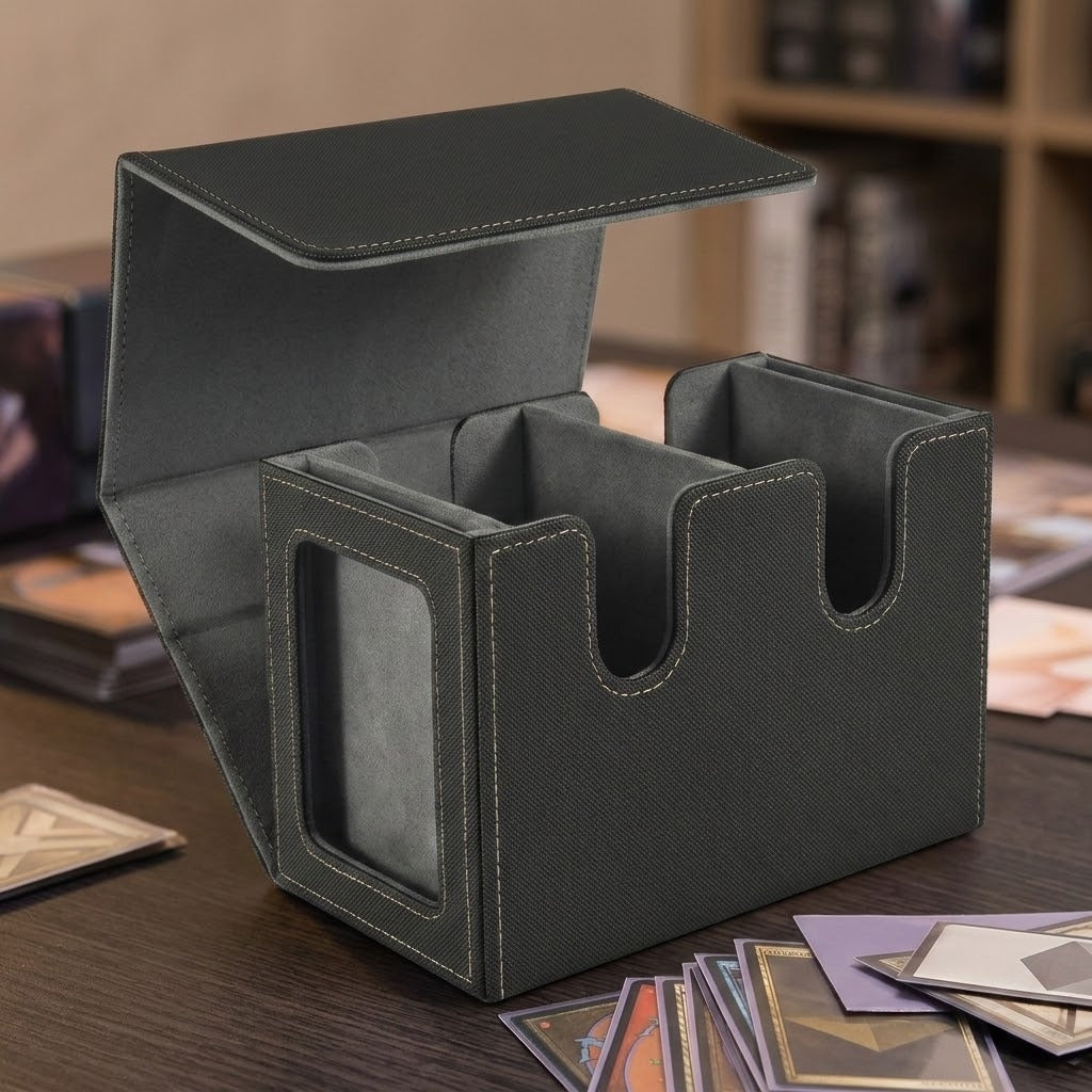 An open black-and-gray deck box with two empty compartments sits on a wooden table surrounded by scattered cards.