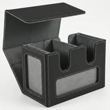 An open black-and-gray deck box shows two compartments, display windows, and contrasting stitching against a white background.